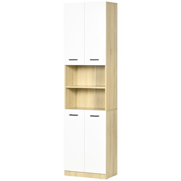 Coluna Casa de Banho Armário Alto Casa de Banho com 4 Portas 2 Prateleiras Abertas e Ajustáveis 53x33,5x195,7 cm Branco e Madeira