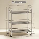 Carrinho Auxiliar com Rodas de Aço Inoxidável de 3 Níveis com Prateleira Ajustável 2 Rodas com Travão 60x35x77 cm Prateado