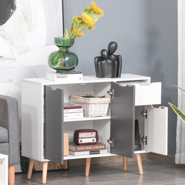 Aparador Móvel Auxiliar de Armazenamento com 2 Armários de Porta Gaveta Pés de Madeira 90x30x72 cm Cinza e Branco