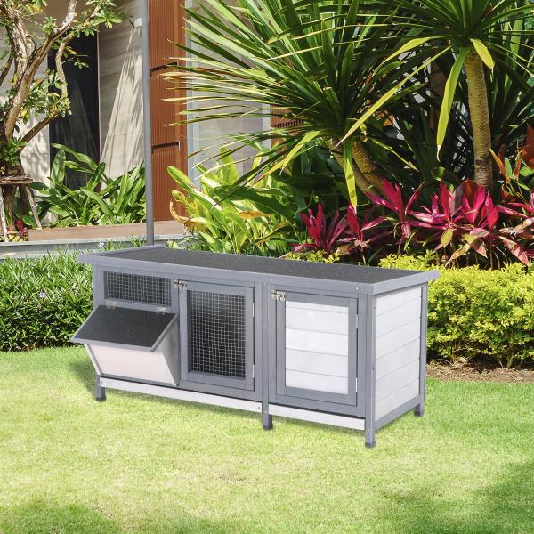 Coelheira de Madeira Gaiola para Coelhos com Telhado Asfáltico Rebatível Portas com Fecho Bandejas Removíveis 112x50x54 cm Cinzento