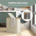 Cesto para Roupa Suja Dobrável com Tampa 80 L em Tecido Não Tecido, 2 Compartimentos, Asas, 54x34x58,5 cm, Bege