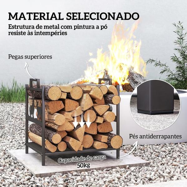 Suporte para Lenha em Metal com Pegas 42,5x33,5x43 cm para Lareira Jardim e Terraço Preto