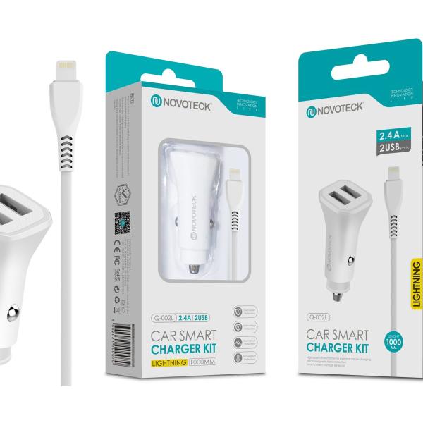 Kit Carregador Automóvel Inteligente 2.4A 2 USB Branco com Cabo Lightning Q-002L