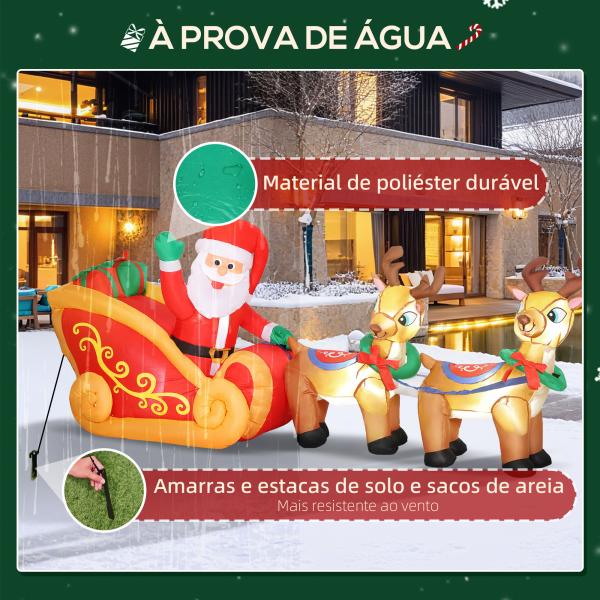 Pai Natal Insuflável com Trenó e Renas Insufláveis de Natal com Luzes LED para Exterior e Interior 240x75x100 cm Multicor