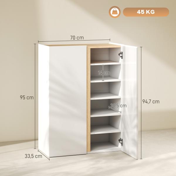 Sapateira de 6 Níveis com 2 Portas em Branco Brilhante com Fechamento Suave e Prateleiras Ajustáveis 70x33,5x95 cm Branco