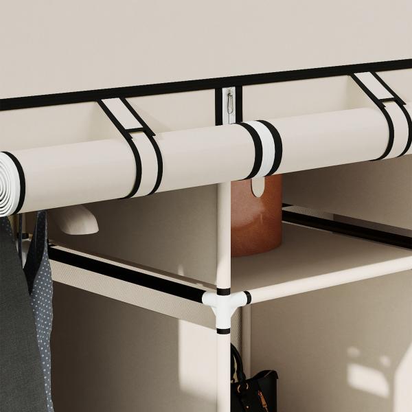 Roupeiro de Tecido Dobrável com 8 Prateleiras de Armazenamento e 2 Barras de Pendurar 125x43x162,5cm Creme
