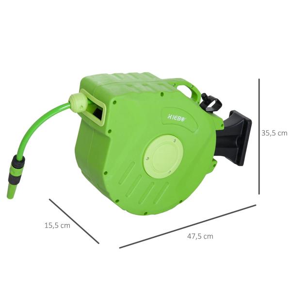 Carretel para Mangueira 15m+1,5m Enrolador de Mangueira Montado na Parede 180º Giratório 47,5x15,5x35,5cm Verde