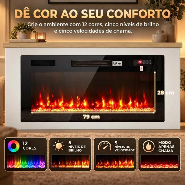 Lareira Elétrica de Pé 900/1800 W com Móvel para TV até 55", 12 Cores de Chama 3D, 5 Níveis de Brilho, Comando à Distância, para 35 m², Branco