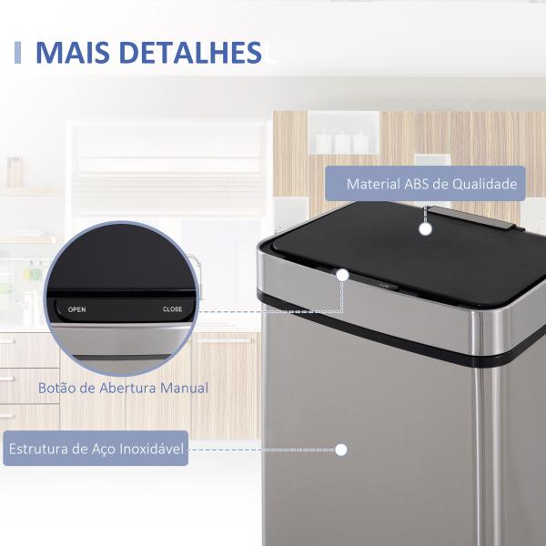 Balde de Lixo 72L com Abertura Automática de Aço Inoxidável e Reciclagem para Cozinha 42x30x81 cm Prata