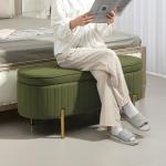 Banco de Cama com Arrumação em Veludo, Pés Dourados e Design Oval Elegante, 108x44x43,5 cm, Verde Escuro