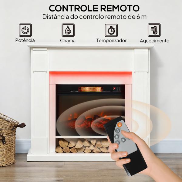 Lareira Elétrica com Efeito de Chama 3D e Tira de Luz LED RGB 1800W Temporizador para 30 m² 105x27x97 cm Branca