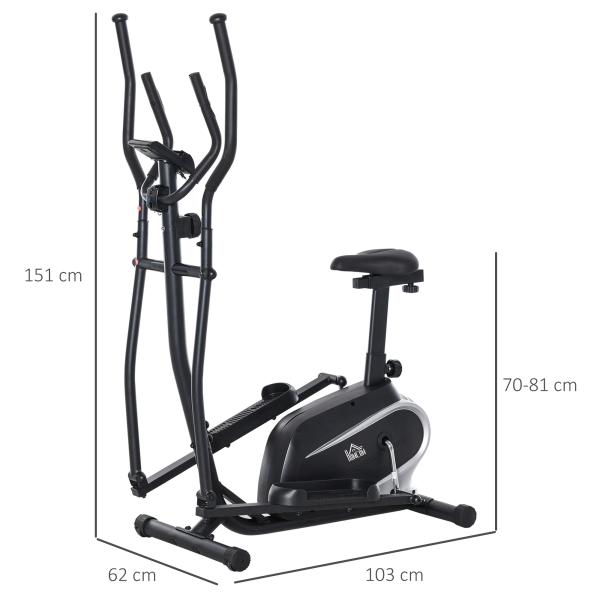 Bicicleta elíptica de fitness com Resistência Magnética Ajustável Tela LCD Sela Ajustável Monitor de Frequência Cardíaca e Volante 3 kg 103x62x151 cm Preto
