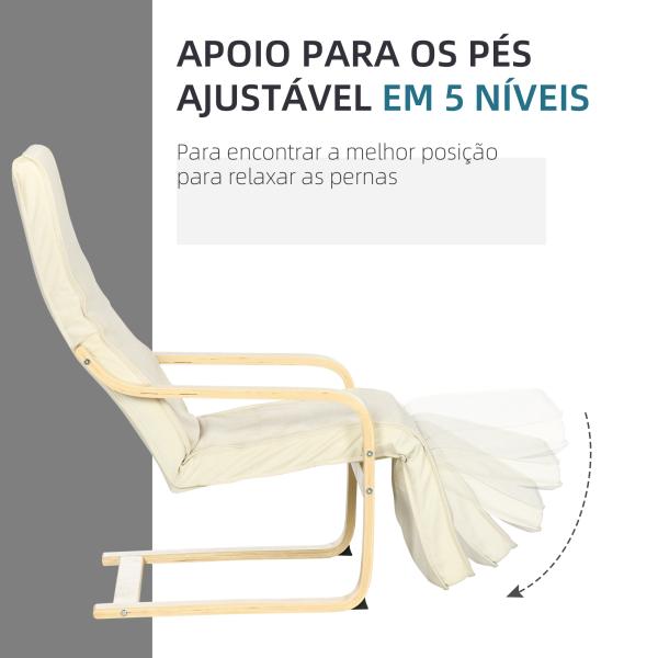 Poltrona Relax com Apoio para os Pés Ajustável Estofada em Tecido com Estrutura de Madeira 66,5x94x100 cm Creme