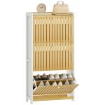 Sapateira Estreita com 3 Portas de Bambu Prateleiras Ajustáveis para 18 Pares de Sapatos 60x24x118 cm Branco e Madeira