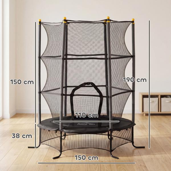 Trampolim para Crianças com Rede de Segurança e Estrutura de Aço para Interiores e Exteriores Carga 50 kg Ø163x190 cm Preto