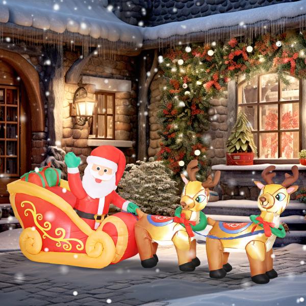 Pai Natal Insuflável com Trenó e Renas Insufláveis de Natal com Luzes LED para Exterior e Interior 240x75x100 cm Multicor
