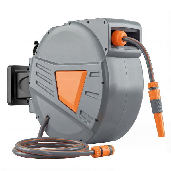 Carretel de Mangueira para Jardim 20+1,6 m com Bocal de 2 Modos Bloqueio Automático e Retracção Orientável 180° Laranja