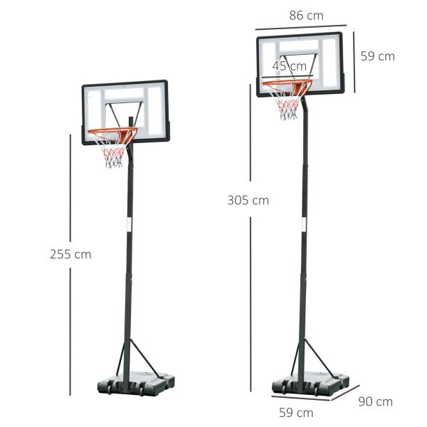 Tabela de Basquetebol Portátil Ajustável em Altura com Base Recarregável para Crianças e Adultos 86x165x302 - 352 cm Preto