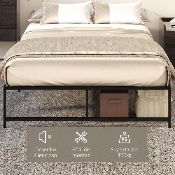 Estrutura de Cama Dupla de Metal para Colchão 137/135x190 cm com Pés de 31 cm Estrutura de Cama de Casal 141,5x195x35cm Preto