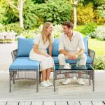 Conjunto de Jardim Exterior de Vime com Sofá de 2 Lugares, Chaise Longue e Mesa de Centro com Vidro Temperado Azul Claro