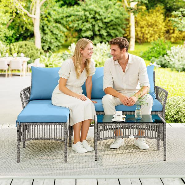 Conjunto de Jardim Exterior de Vime com Sofá de 2 Lugares, Chaise Longue e Mesa de Centro com Vidro Temperado Azul Claro