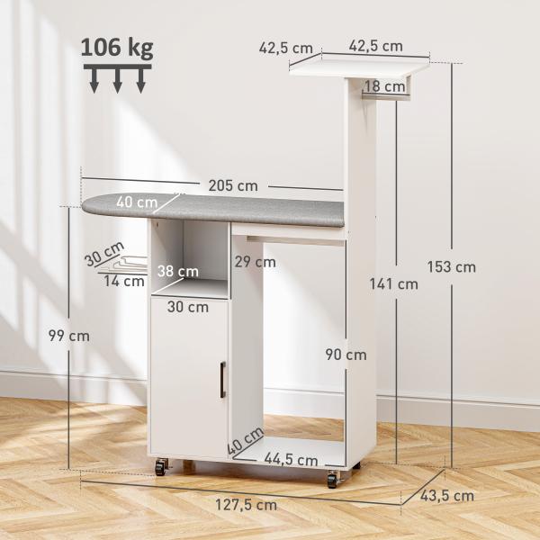 Móvel de Engomar Roupa com Rodas e Suporte Lateral Móvel com Tábua de Passar Barra para Roupa Prateleira 127,5x43,5x153 cm Branco