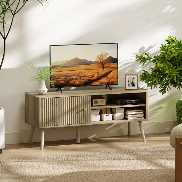 Móvel de TV para Televisão até 55 Polegadas com Porta Acanalada Prateleira Ajustável Compartimentos Abertos 115x35x49 cm Carvalho