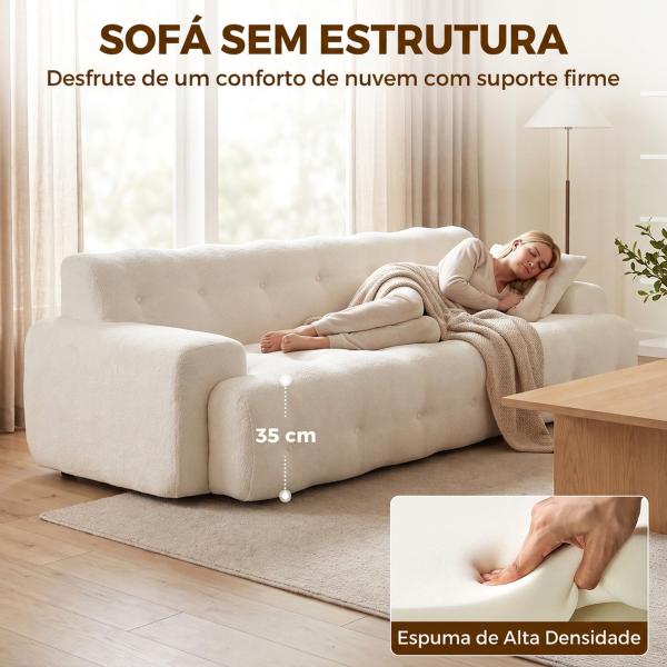 Sofá de 3 Lugares em Chenille sem Estrutura com Assento Profundo e Acabamento Capitoné, Creme