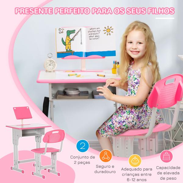 Conjunto de Secretária e Cadeira para Crianças com Altura Ajustável 1 Gaveta e 1 Prateleira para Livros 60x45x90 - 120 cm Rosa