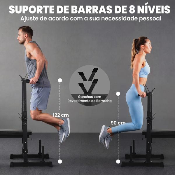 Banco de Pesos Multifuncional Dobrável com Suporte para Barras Ajustável e Estação de Dips 98 - 122x140x73 cm Preto