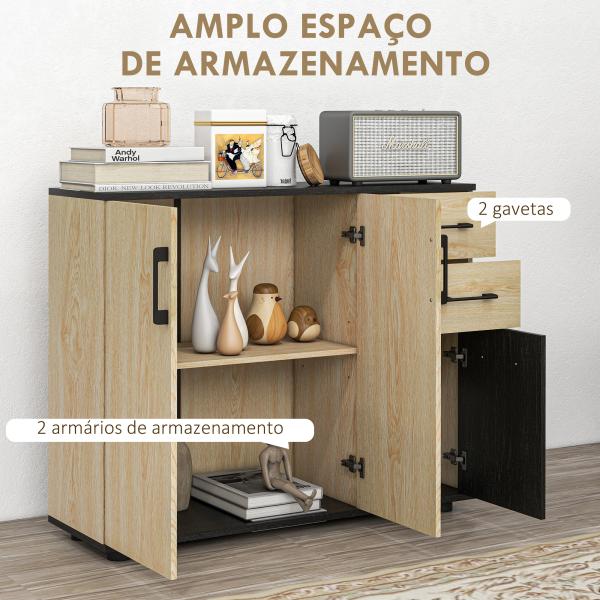 Aparador Estreito de Sala com 2 Portas, 2 Gavetas e Prateleira Ajustável 90x30x75,5 cm Natural e Preto