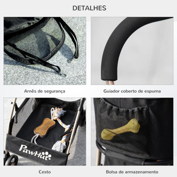Carrinho para Animais de Estimação 3 em 1 Dobrável com Bolsa de Transporte Cesta de Armazenamento e Travão 82x49,5x98cm Preto