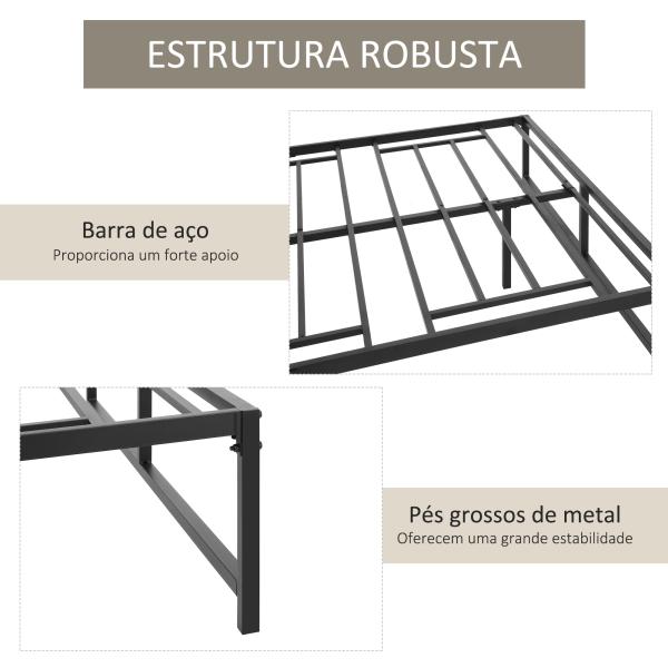 Estrutura de Cama Dupla de Metal para Colchão 137/135x190 cm com Pés de 31 cm Estrutura de Cama de Casal 141,5x195x35cm Preto
