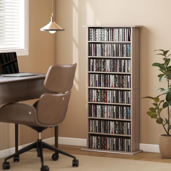 Estante Estreita para CDs e DVDs com 8 Compartimentos e Prateleiras Ajustáveis 58x24x126,3 cm em Madeira