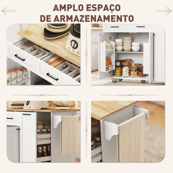 Ilha de Cozinha com Rodas Carrinho de Cozinha com Tomada USB Bancada Rebatível 2 Gavetas 119,5x74x94,5 cm Branco