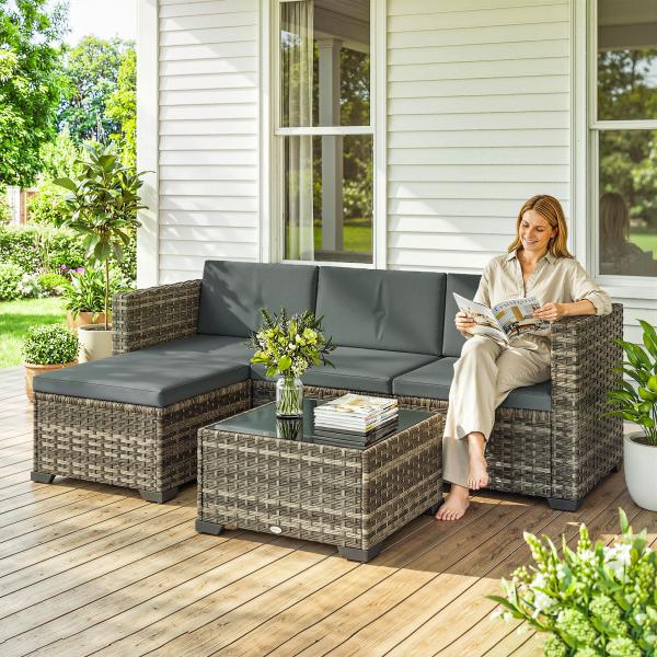 Conjunto de Jardim em Vime de 5 Peças Inclui Almofadas 2 Poltronas de Canto Poltrona sem Braços Apoia - Pés e Mesa de Centro Cinza Escuro