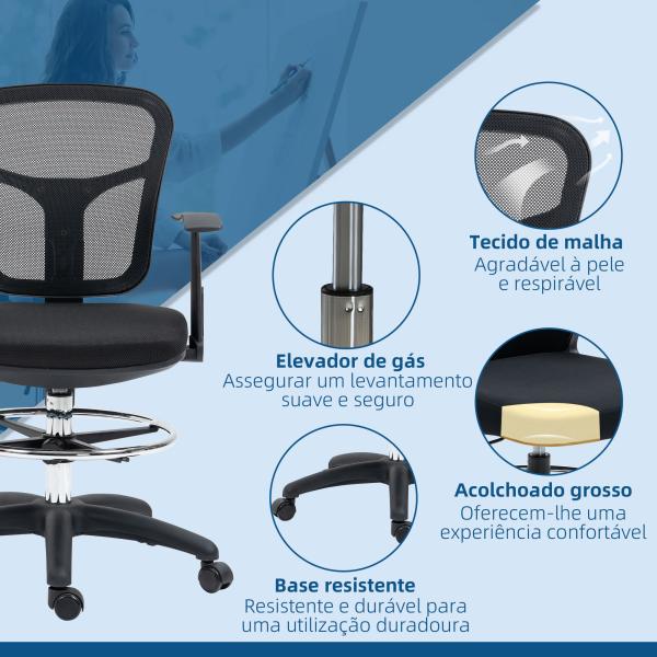 Cadeira de Escritório Ergonómica com Apoio para os Braços Apoio para os Pés e Assento Ajustáveis 59x59x95 - 115cm Preto