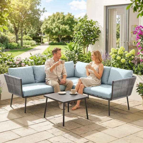 Conjunto de Móveis de Jardim em Ratã Sofá de Canto com Almofadas e Mesa de Centro para Terraço Exterior Azul Claro