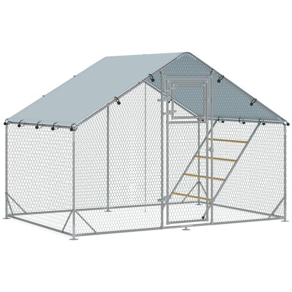 Galinheiro para Exterior 3x2 m Galinheiro de Aço Galvanizado com Comedouro Suspenso Tipo Espeto Poleiro Anti - UV Prata