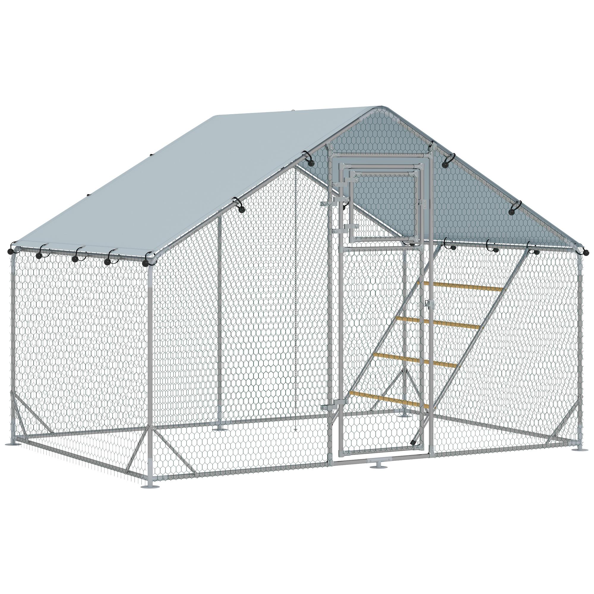 Galinheiro para Exterior 3x2 m Galinheiro de Aço Galvanizado com Comedouro Suspenso Tipo Espeto Poleiro Anti - UV Prata