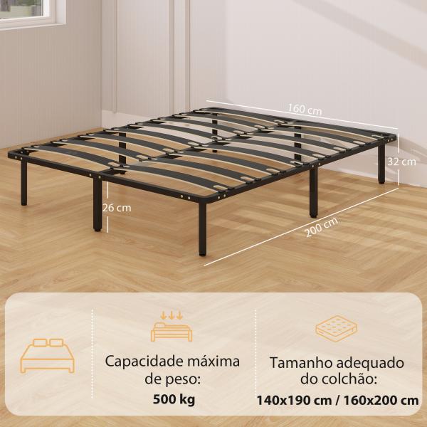 Estrutura de Cama 160x200 cm com Espaço de Armazenamento Abaixo e Ripas de Álamo Fácil de Montar Carga 350 kg Preto