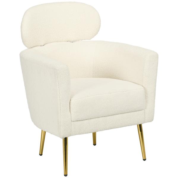 Poltrona Sala de Estar Individual em Borrego com Apoio para a Cabeça e Pés de Metal 71x65x90 cm Creme