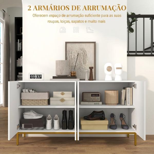 Aparador para Sala com 4 Portas, Prateleiras Ajustáveis e Pés Dourados 140x40x75 cm para Entrada ou Quarto, Branco