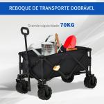 Carrinho de Transporte Dobrável com Rodas Giratórias 360° e Guiador Ajustável 59 - 89 cm para Campismo Praia 108x55x61 - 91 cm Preto