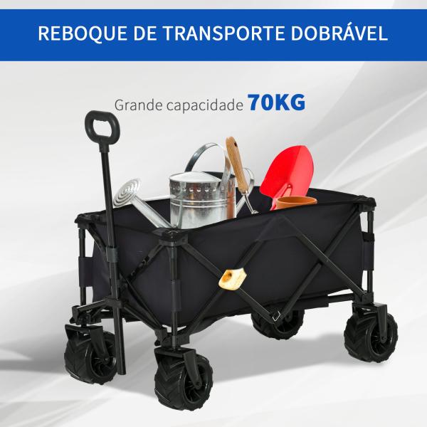 Carrinho de Transporte Dobrável com Rodas Giratórias 360° e Guiador Ajustável 59 - 89 cm para Campismo Praia 108x55x61 - 91 cm Preto