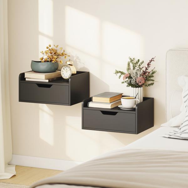 Conjunto de 2 Mesas de Cabeceira de Parede Flutuantes com 1 Gaveta para Quarto 40x30x19,5 cm Preto