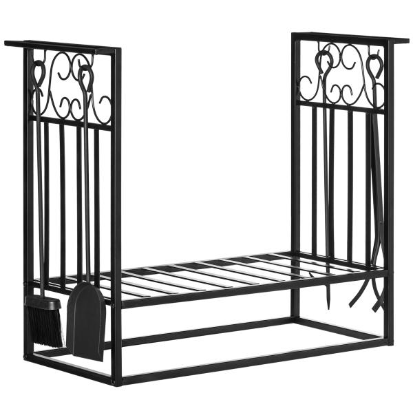 Suporte para Lenhas 75x30x60cm Porta Lenha com Desenho Vintage com 4 Ferramentas Base Elevada Carga Máxima 100kg Aço Preto