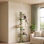 Árvore para Gatos do Chão ao Teto 37x21x202 - 242 cm com 4 Plataformas de Relva Artificial Folhas Artificiais e Poste de Juta Verde