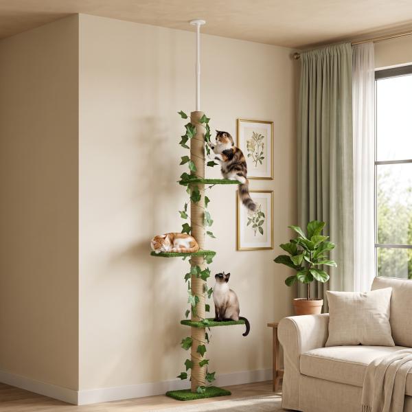Árvore para Gatos do Chão ao Teto 37x21x202 - 242 cm com 4 Plataformas de Relva Artificial Folhas Artificiais e Poste de Juta Verde