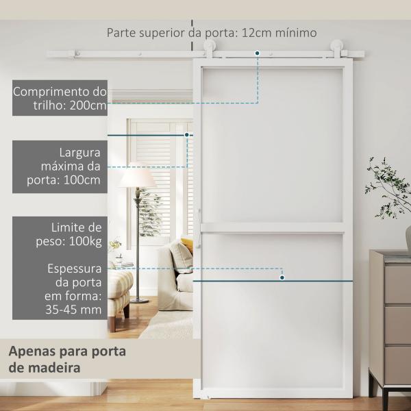 Ferragem para Porta de Correr Kit de Acessórios para Porta Corredeira com 2 Trilhos de Aço de Carbono 200x40x0,6 cm Branco